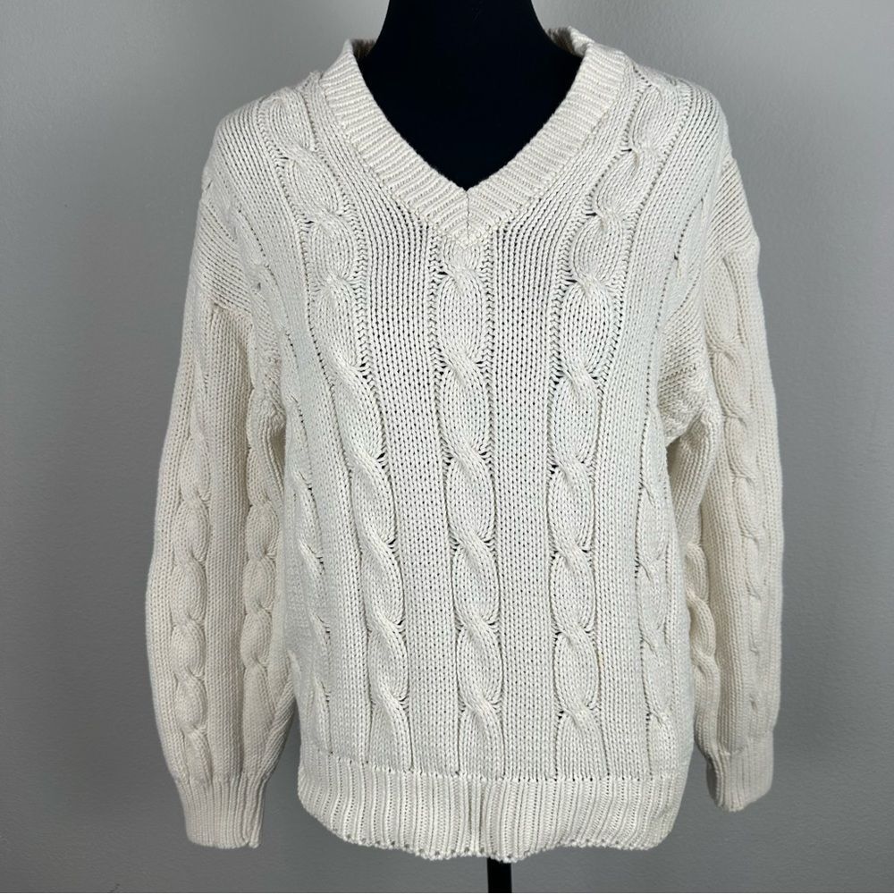 Vintage Huntington Cozy Pullover V-Neck Cable Knit Medium Sweater Preppy Tennis